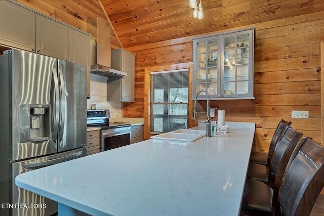 kitchen featuring wood ceiling, stainless steel appliances, wooden walls, sink, and lofted ceiling