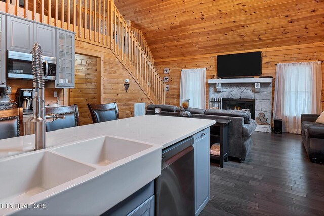 kitchen with sink, wooden ceiling, dishwasher, a stone fireplace, and wood walls