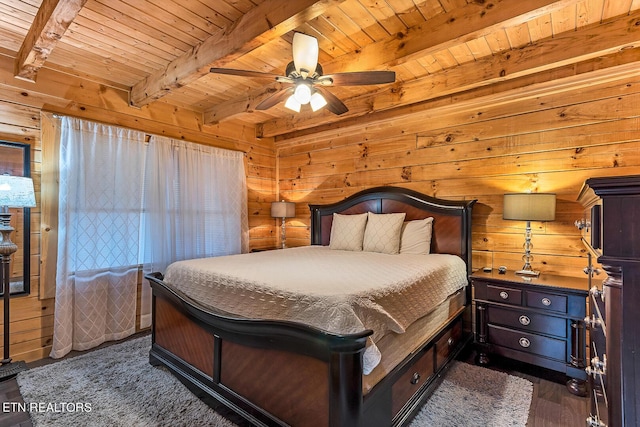 bedroom featuring wood walls, wooden ceiling, dark wood-type flooring, ceiling fan, and beam ceiling