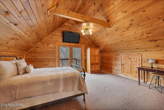 carpeted bedroom with lofted ceiling with beams, wood walls, and wood ceiling