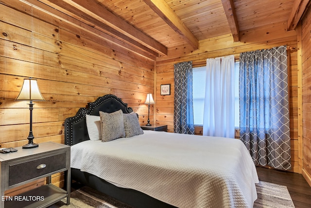 bedroom featuring beam ceiling, wood walls, dark wood-type flooring, and wooden ceiling