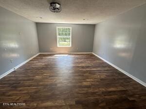 spare room featuring a textured ceiling and dark wood-type flooring