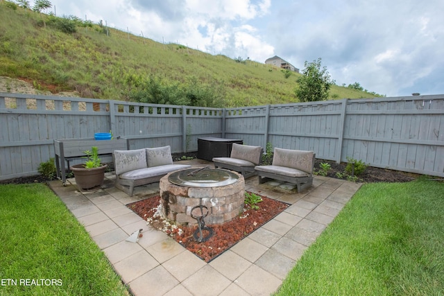 view of patio / terrace with a fire pit and a fenced backyard