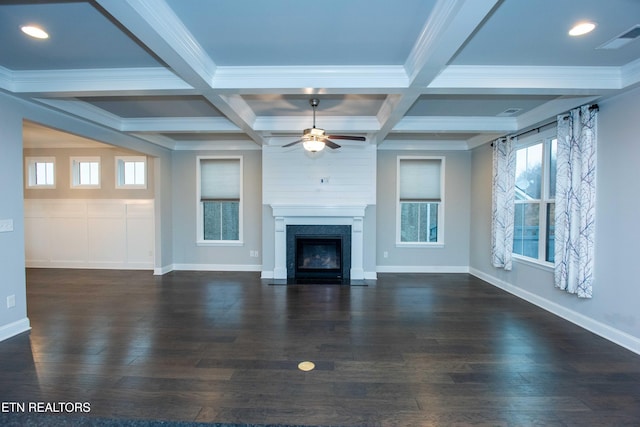 unfurnished living room featuring visible vents, beamed ceiling, coffered ceiling, wood finished floors, and ceiling fan