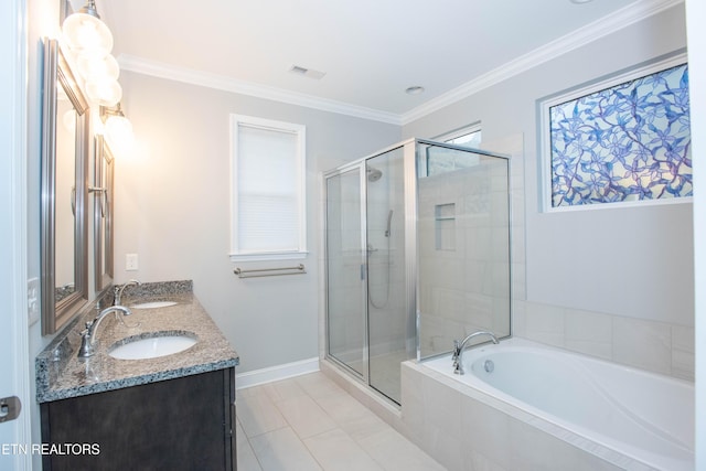 full bathroom featuring a sink, visible vents, a shower stall, and crown molding