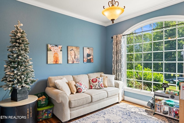 sitting room featuring wood-type flooring and ornamental molding