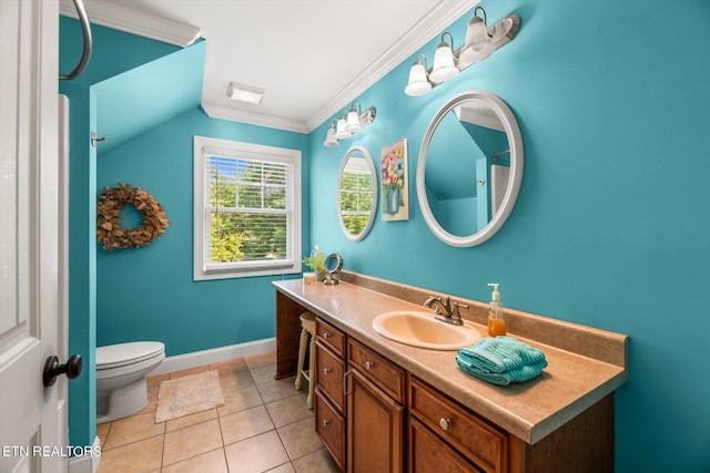 bathroom with tile patterned flooring, vanity, lofted ceiling, and crown molding