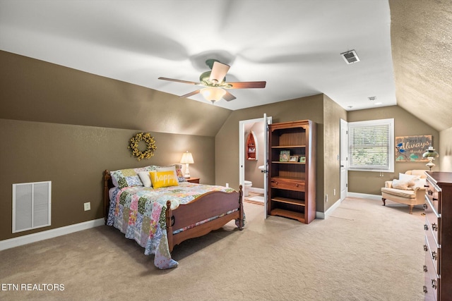 bedroom featuring carpet flooring, ceiling fan, and lofted ceiling