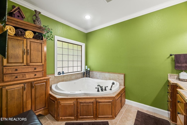 bathroom with tile patterned floors, vanity, crown molding, and a tub