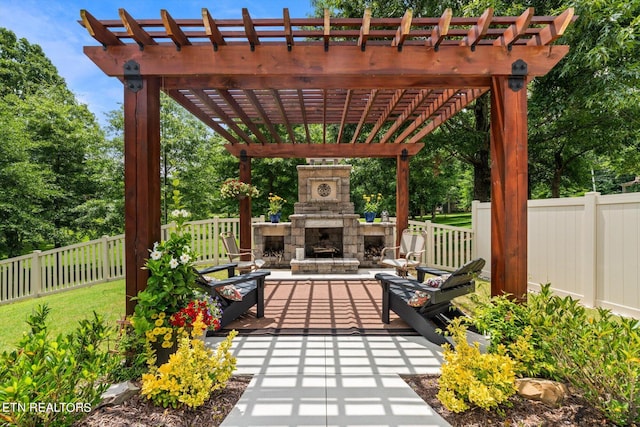 view of patio featuring an outdoor living space with a fireplace and a pergola