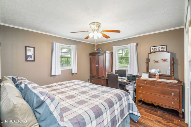 bedroom with multiple windows, ceiling fan, crown molding, and dark wood-type flooring