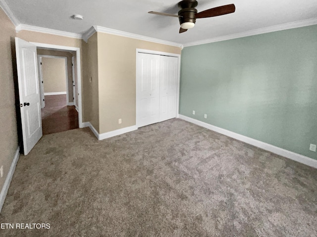2113 Griffitts Mill Cir, Maryville, TN 37803 - unfurnished bedroom featuring crown molding, a closet, baseboards, carpet floors, and a ceiling fan