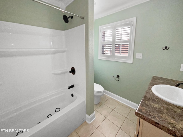 full bathroom with tile patterned floors, crown molding, toilet, shower / washtub combination, and vanity