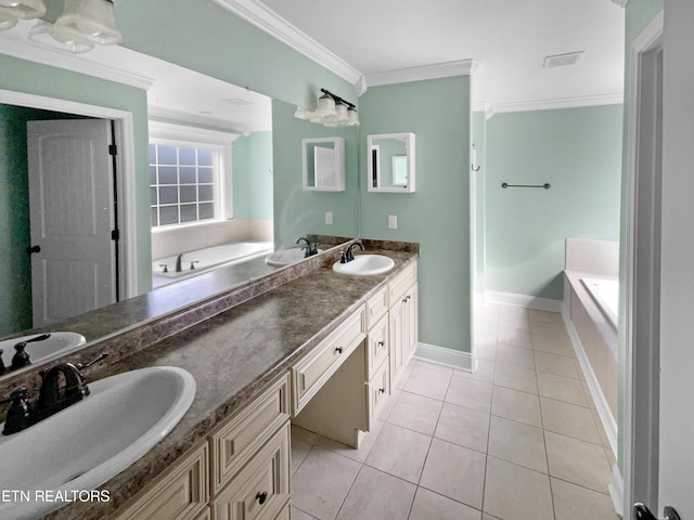 bathroom featuring tile patterned floors, a bathtub, crown molding, and vanity