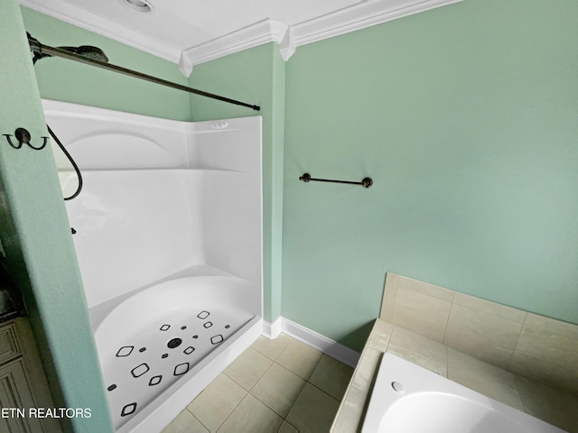 2113 Griffitts Mill Cir, Maryville, TN 37803 - bathroom with ornamental molding, tile patterned floors, a tub to relax in, baseboards, and a shower