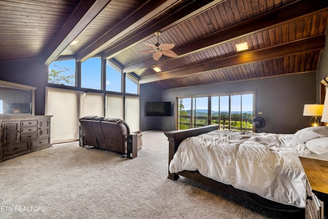 carpeted bedroom featuring wooden ceiling and lofted ceiling with beams