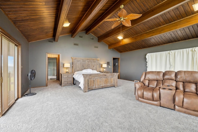 carpeted bedroom featuring vaulted ceiling with beams, ceiling fan, and wood ceiling