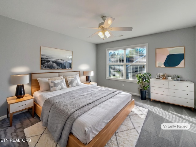 bedroom with carpet flooring and ceiling fan