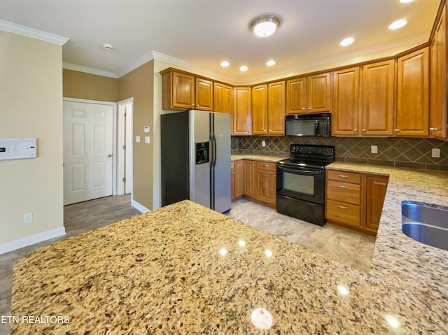 kitchen with decorative backsplash, sink, black appliances, crown molding, and light stone counters