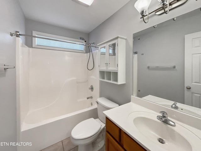 full bathroom with vanity, shower / washtub combination, toilet, and tile patterned flooring