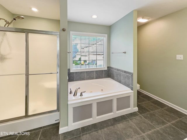 bathroom featuring independent shower and bath and tile patterned flooring