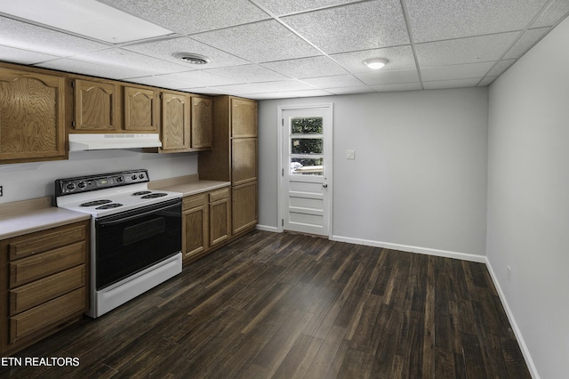 kitchen featuring white range with electric cooktop and dark hardwood / wood-style floors