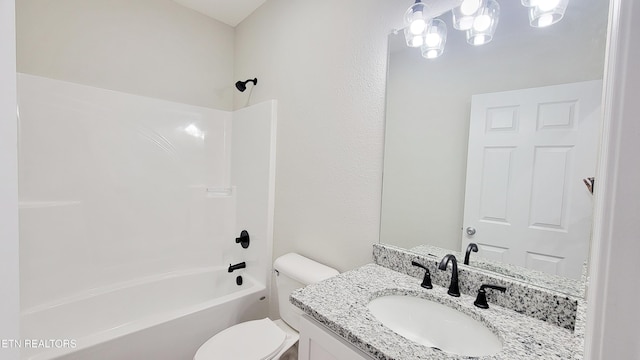 full bath with shower / bath combination, vanity, and toilet