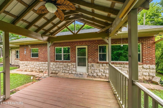 deck with ceiling fan and a gazebo