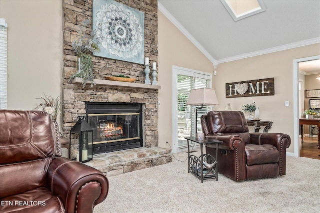 carpeted living room featuring a stone fireplace, ornamental molding, and vaulted ceiling