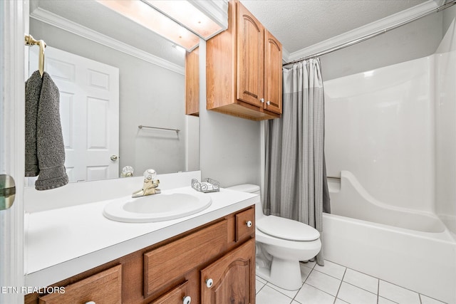 full bathroom with shower / tub combo, a textured ceiling, crown molding, tile patterned flooring, and toilet