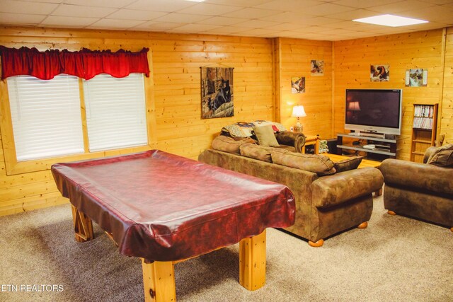 recreation room with carpet floors, billiards, a paneled ceiling, and wood walls