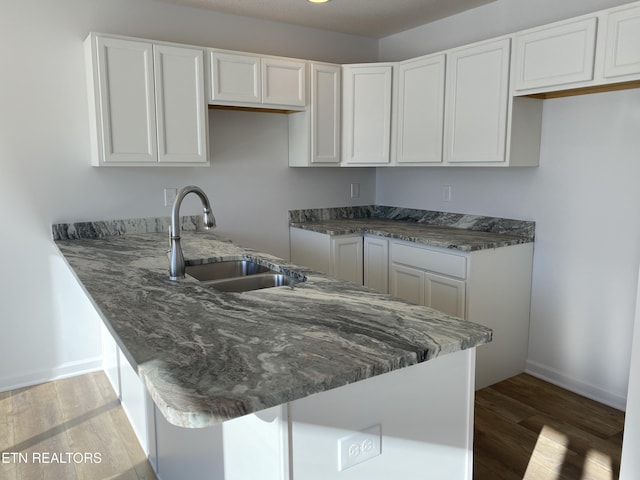 kitchen with white cabinets, dark hardwood / wood-style flooring, kitchen peninsula, and sink