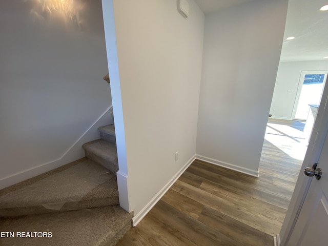 stairway with hardwood / wood-style floors