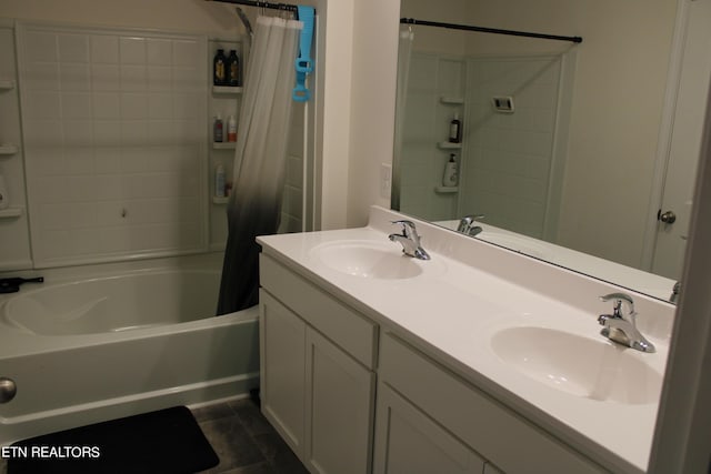 bathroom featuring vanity and shower / tub combo with curtain