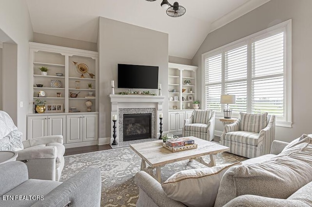 living room featuring lofted ceiling and hardwood / wood-style flooring