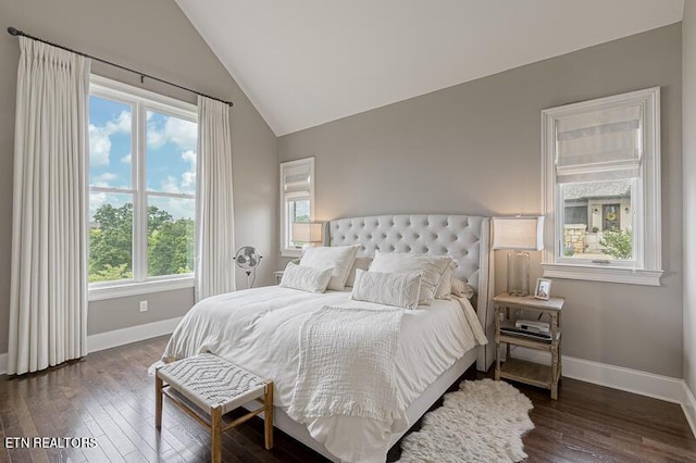 bedroom featuring dark wood-type flooring, lofted ceiling, and multiple windows