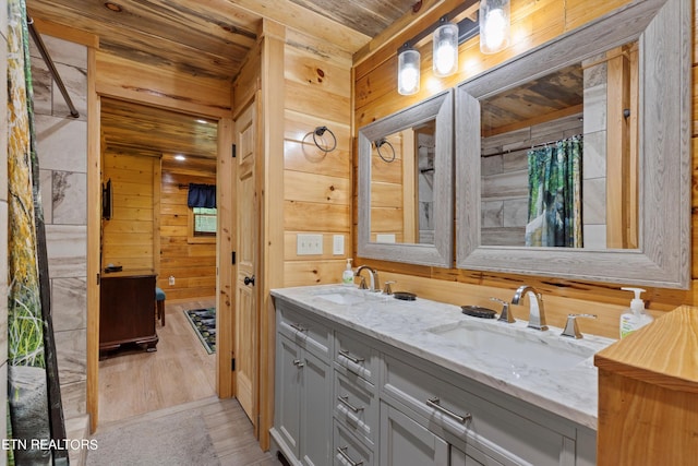 bathroom featuring vanity, a shower with curtain, wood-type flooring, wooden walls, and wood ceiling