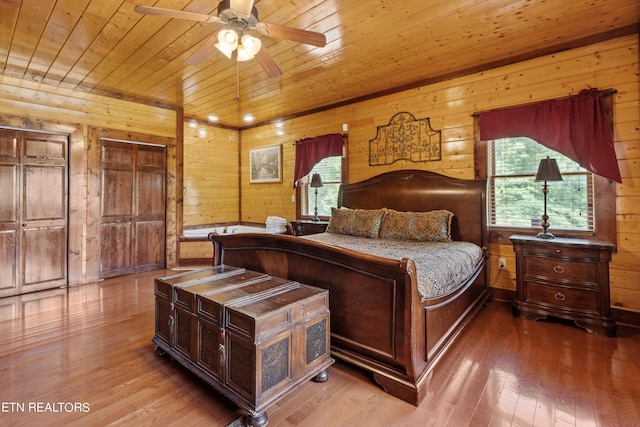 bedroom featuring wooden walls, ceiling fan, and wood ceiling