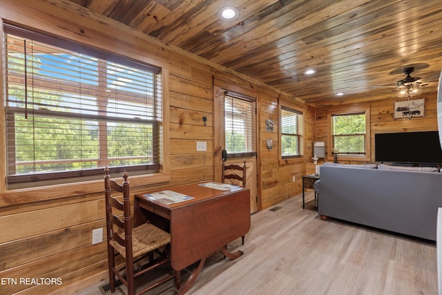 dining area with wooden walls, ceiling fan, light hardwood / wood-style floors, and wooden ceiling