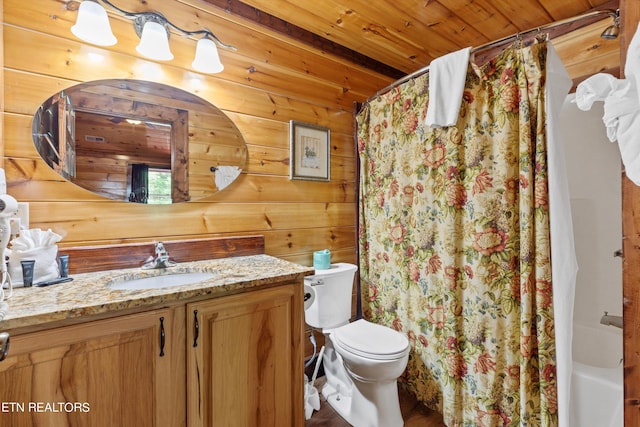 bathroom featuring vanity, toilet, wooden ceiling, and wooden walls