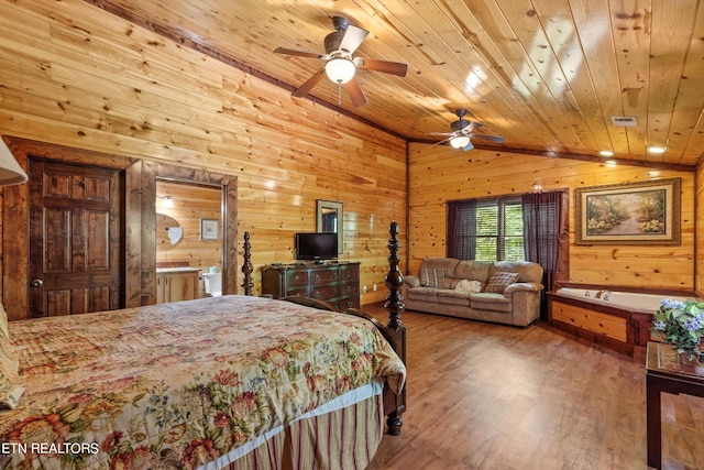 bedroom featuring wood ceiling, ceiling fan, wooden walls, wood-type flooring, and lofted ceiling