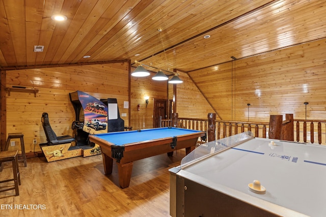 recreation room featuring wood ceiling, pool table, light hardwood / wood-style flooring, lofted ceiling, and wood walls