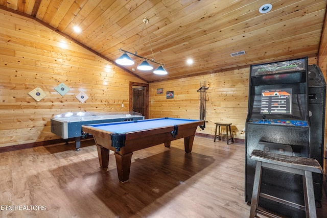 playroom featuring light hardwood / wood-style floors, vaulted ceiling, wooden ceiling, and billiards