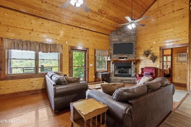 living room featuring hardwood / wood-style flooring, high vaulted ceiling, wooden ceiling, and wood walls