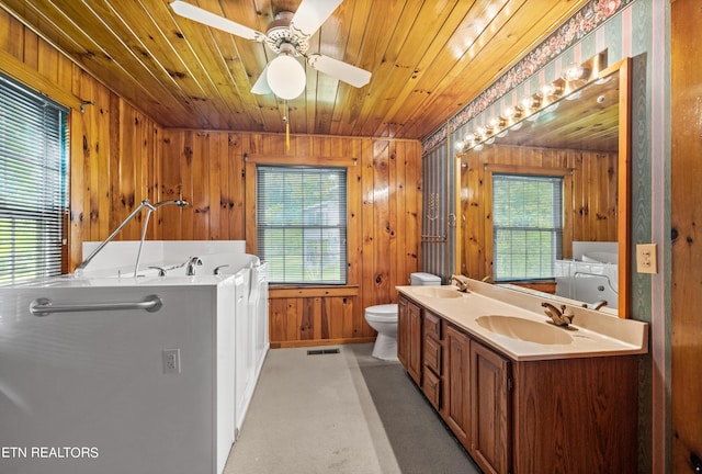 bathroom featuring vanity, ceiling fan, wooden walls, wooden ceiling, and toilet