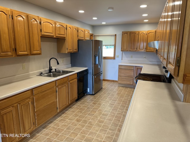 kitchen featuring stainless steel refrigerator with ice dispenser, electric stove, exhaust hood, sink, and dishwasher