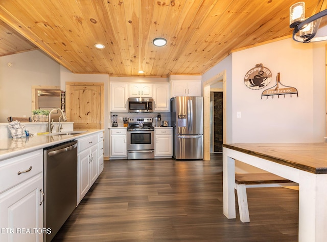 kitchen featuring sink, butcher block countertops, white cabinetry, stainless steel appliances, and wood ceiling