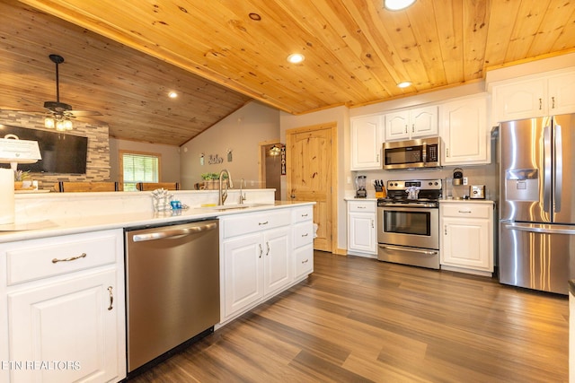 kitchen with lofted ceiling, wooden ceiling, white cabinets, sink, and appliances with stainless steel finishes