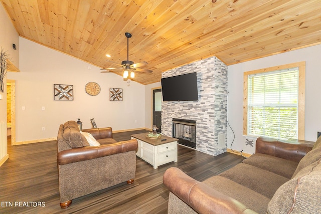 living room featuring wooden ceiling, dark wood-type flooring, vaulted ceiling, ceiling fan, and a fireplace