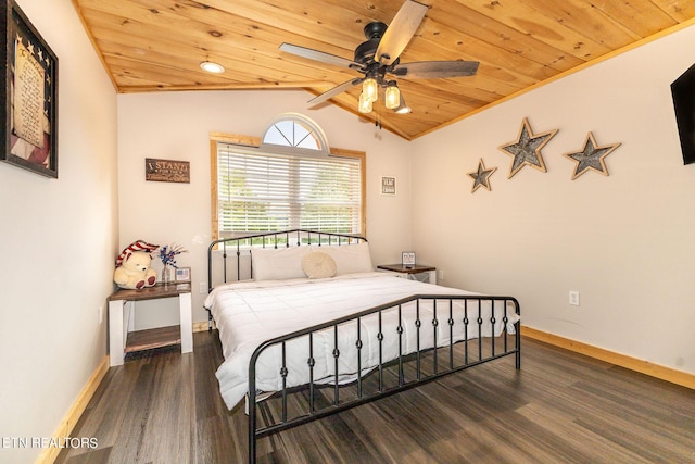 bedroom featuring ceiling fan, dark hardwood / wood-style flooring, wooden ceiling, and lofted ceiling